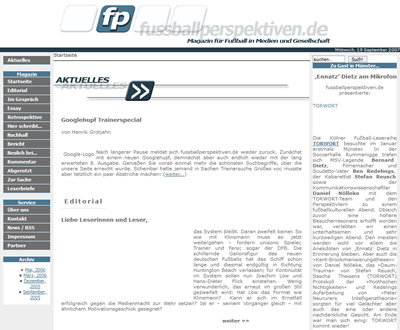 Screenshot der Webseite Fussballperspektiven.de vom 19.09.2007